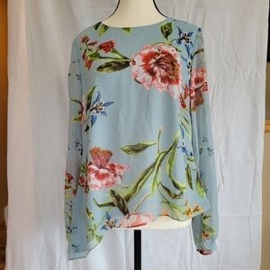 Rachel Rachel Roy NWT blue floral sheer lined asymmetrical long sleeve blouse S